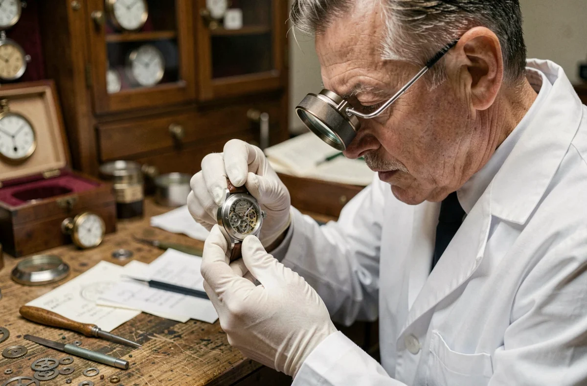 Horloger indépendant examinant une montre de luxe tourbillon en atelier avec une loupe de précision