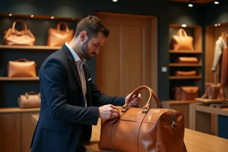 Homme inspectant la qualité d'un sac sport en cuir véritable dans une boutique de maroquinerie haut de gamme