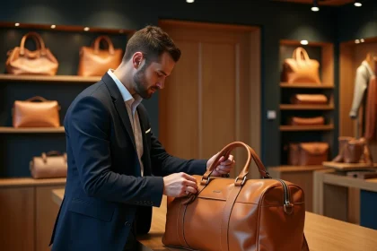 Homme inspectant la qualité d'un sac sport en cuir véritable dans une boutique de maroquinerie haut de gamme