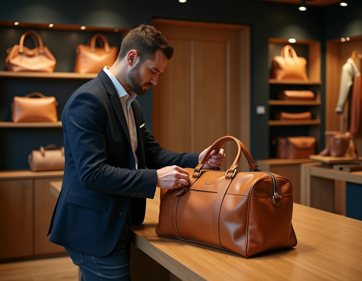 Homme inspectant la qualité d'un sac sport en cuir véritable dans une boutique de maroquinerie haut de gamme