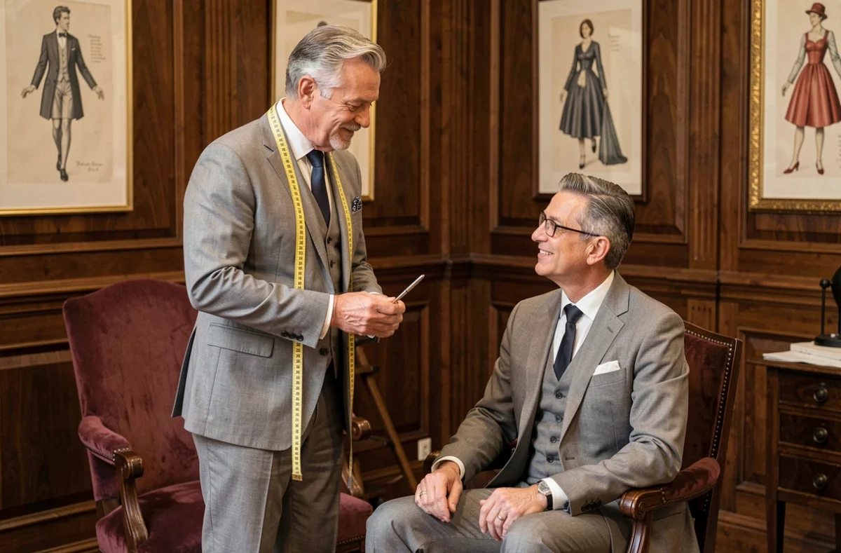 Le tailleur Jean-François Sorain à Tours conseille un client en costume dans son atelier classique