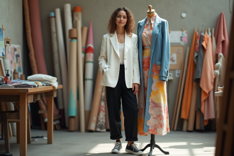 Jeune designer mode dans son atelier créatif avec textile