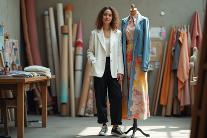 Jeune designer mode dans son atelier cr&eacute;atif avec textile