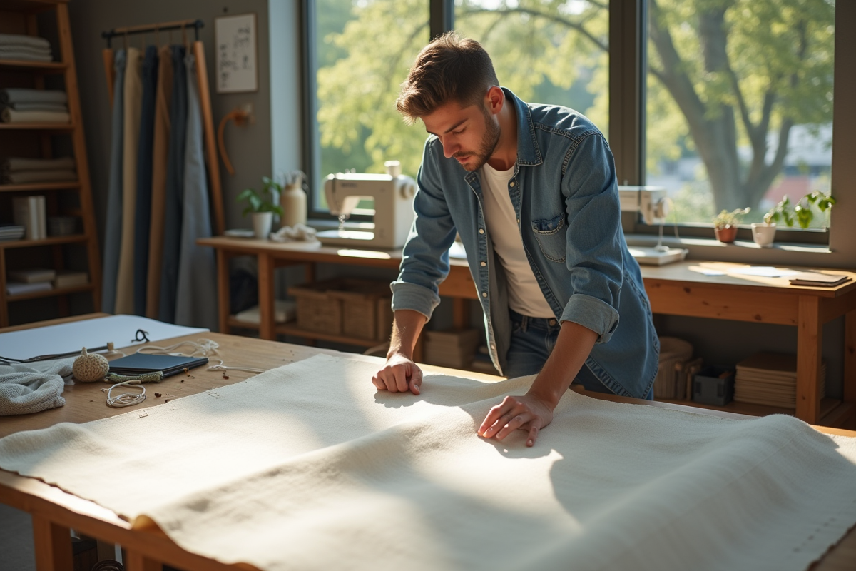 Jeune ingénieur textile inspectant un échantillon de tissu dans un atelier