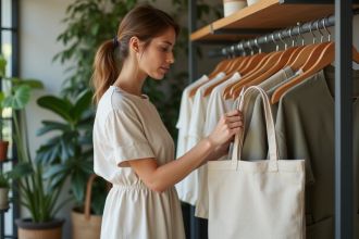 Jeune femme dans une boutique écologique examine des vêtements durables