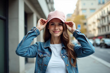 Jeune femme en ville ajustant son casquette pastel