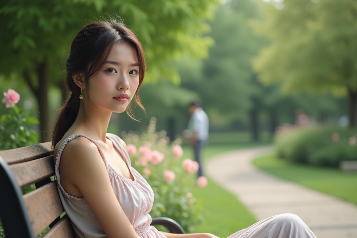 Jeune femme assise sur un banc dans un parc avec robe pastel