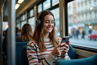Jeune femme souriante écoute musique dans le tram urbain
