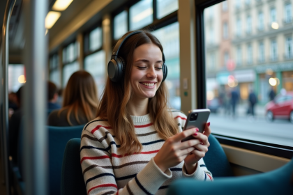 Jeune femme souriante écoute musique dans le tram urbain
