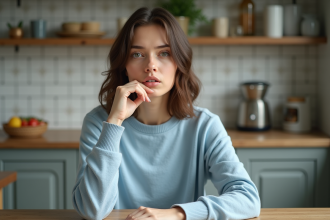 Jeune femme en sweater bleu clair avec expression pensive
