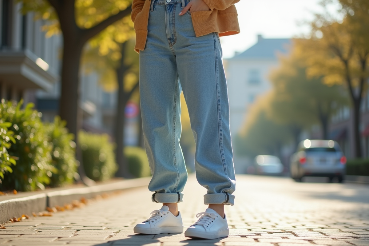 Jeune femme en jeans décontractés et baskets blanches en extérieur
