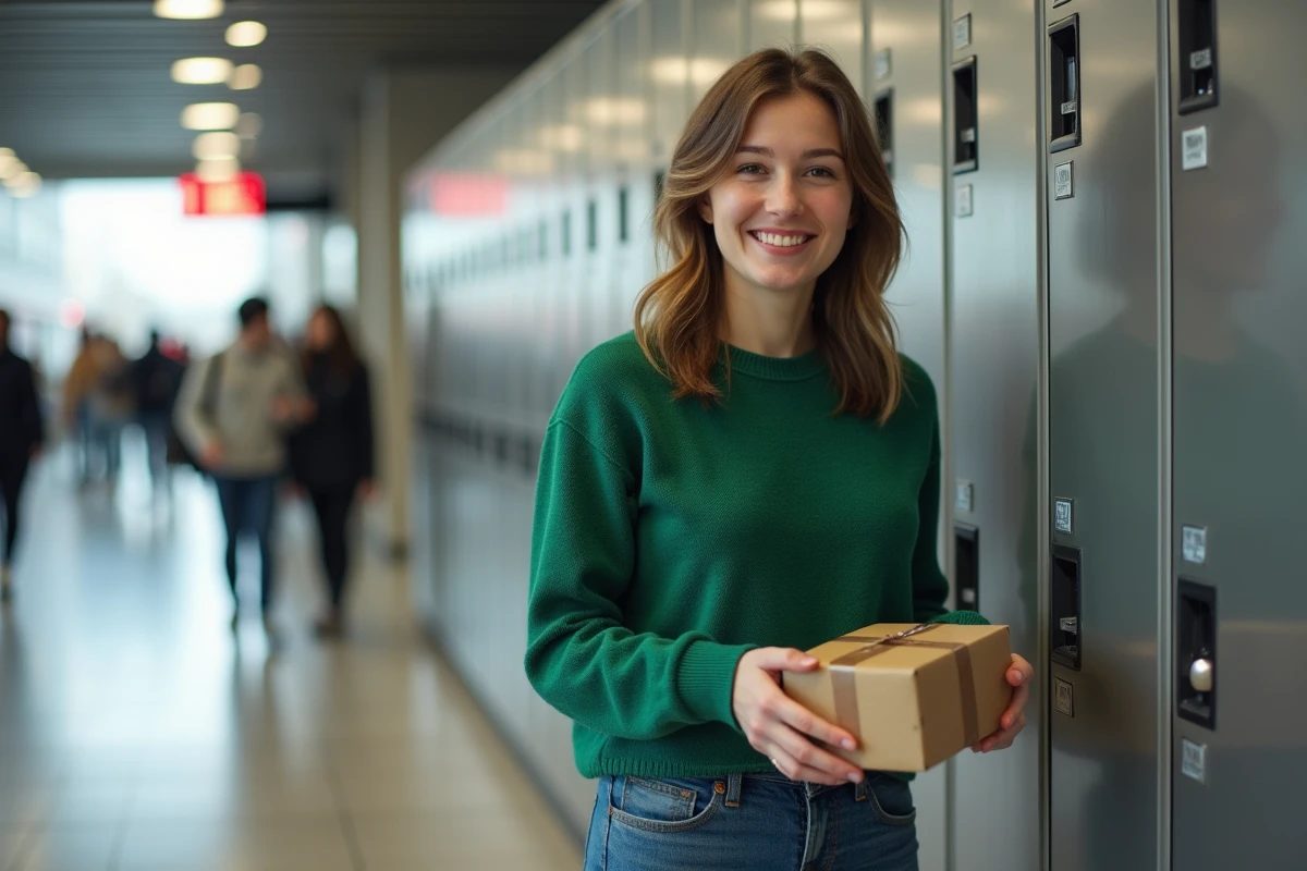 Jeune femme souriante dépose un colis dans un locker moderne