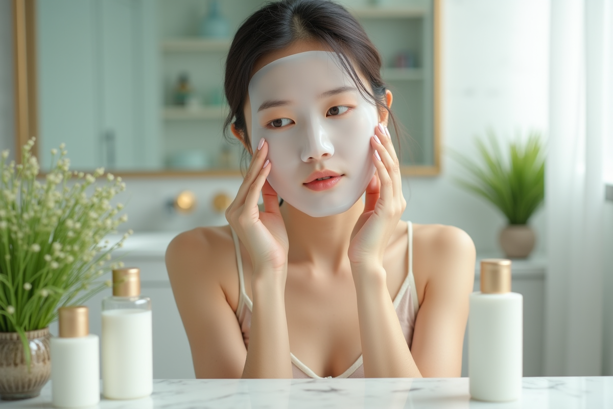 Jeune femme asiatique appliquant un masque facial avec produits de soin coréens
