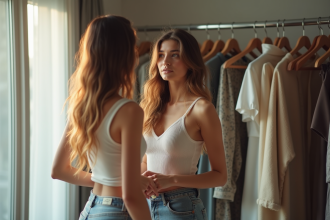 Jeune femme confiante se regarde dans un miroir en mixant ses vêtements