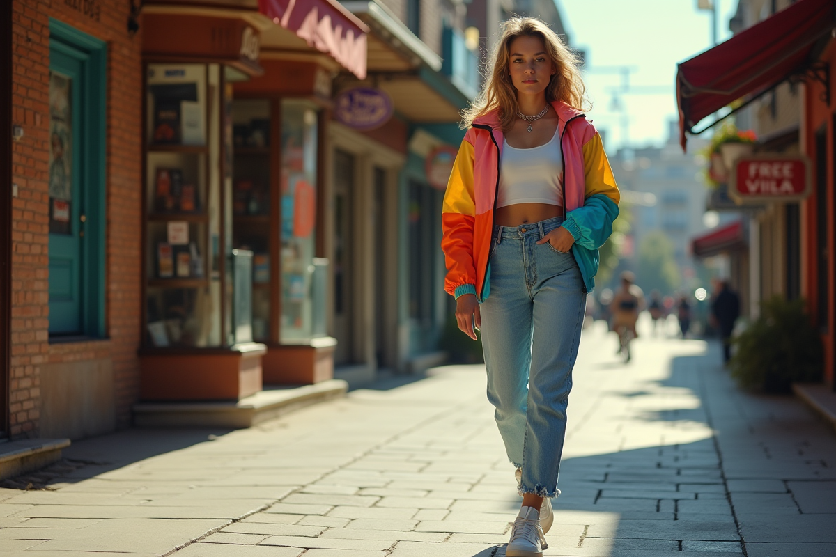 Jeune femme stylée en jeans 90s dans la ville