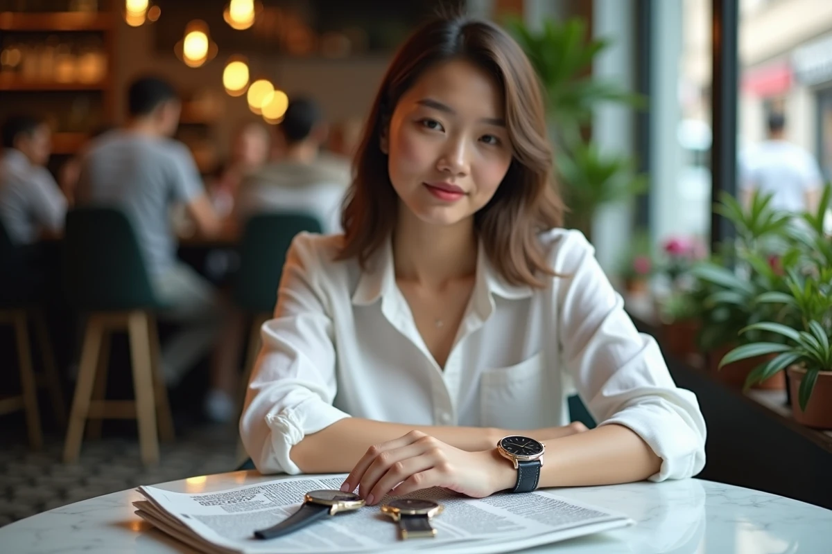 Jeune femme compare deux montres dans un caf&eacute; urbain