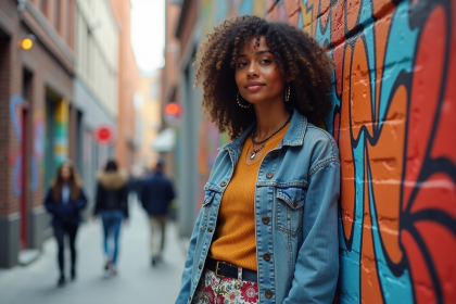 Jeune femme stylée devant un mur urbain coloré