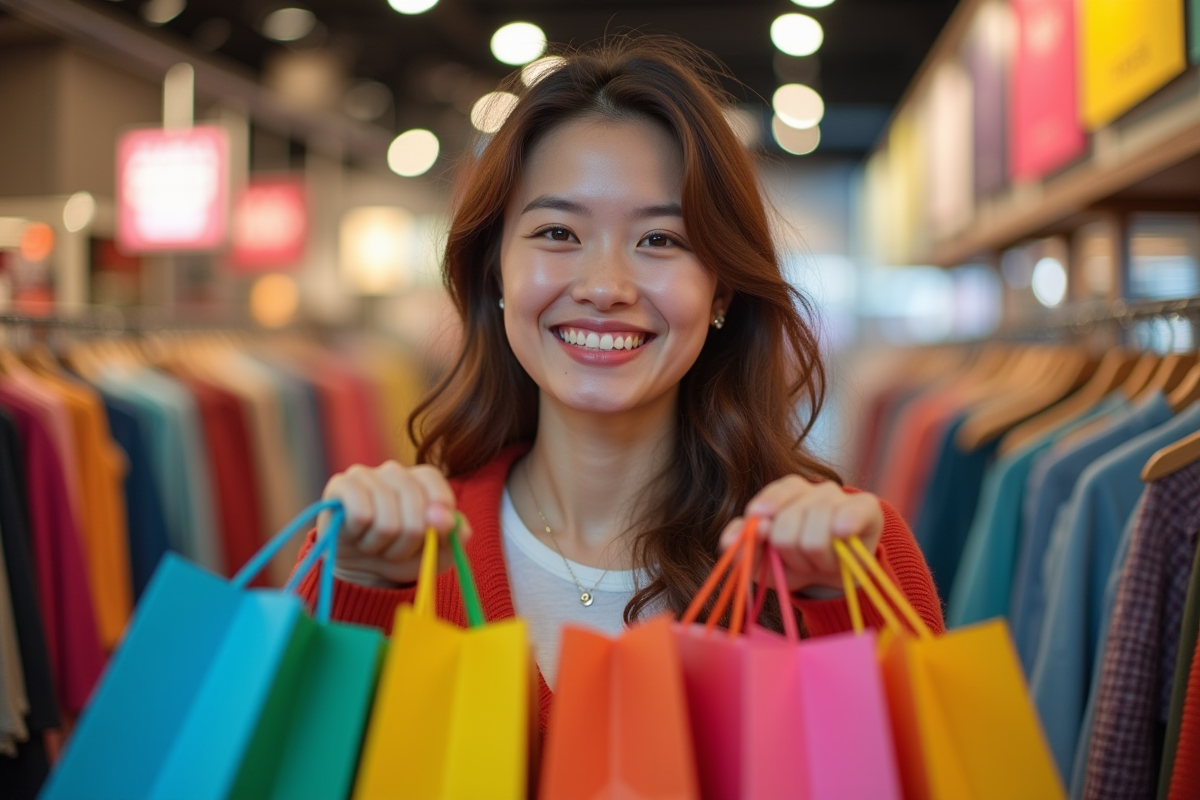 Jeune femme souriante achetant en soldes dans un magasin de vêtements