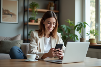 Jeune femme souriante utilisant son smartphone dans un intérieur moderne