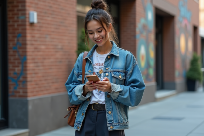 Jeune femme en street style avec veste en denim et sourire naturel