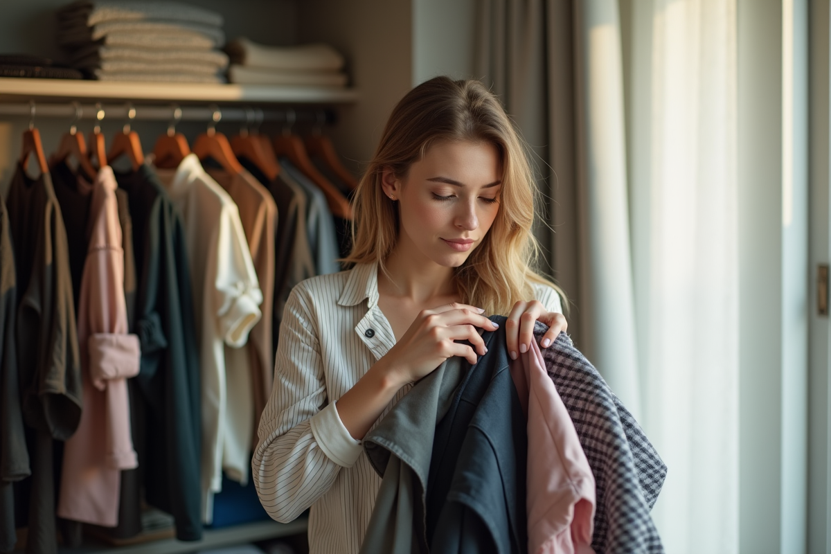 Jeune femme élégante vide son placard avec des vêtements anciens