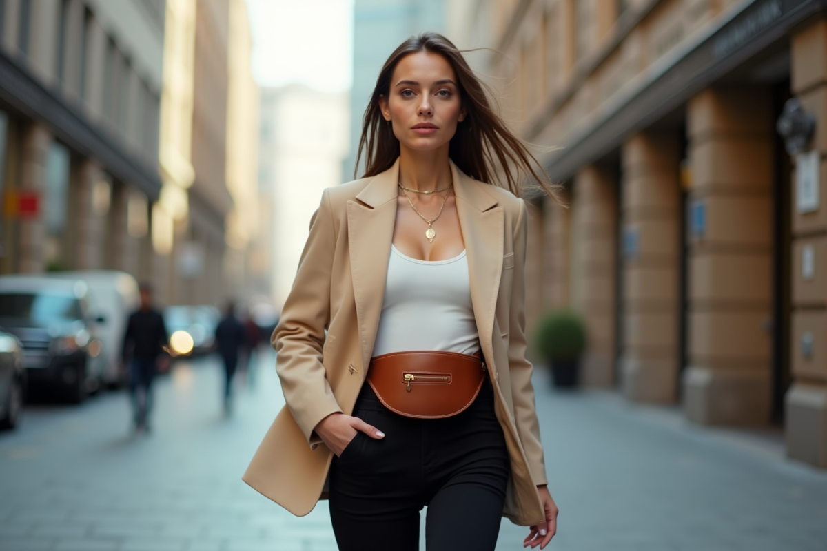 Jeune femme mode marche dans la ville en blazer beige