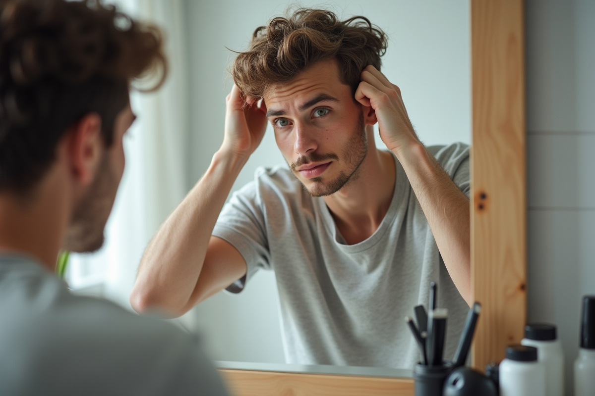 Jeune homme se coiffant devant un miroir dans une salle de bain moderne