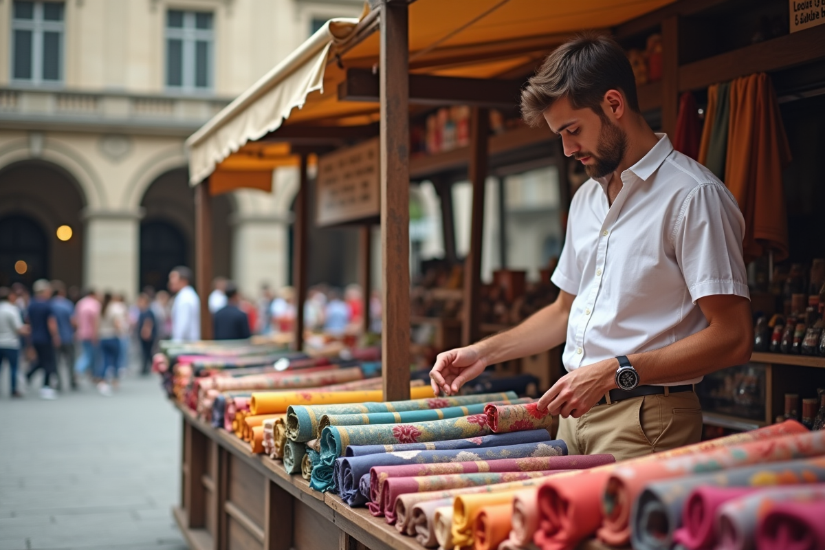 Jeune homme arrange des foulards en marché urbain