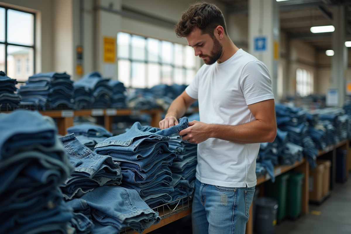 Jeune homme triant des vêtements en denim recyclé