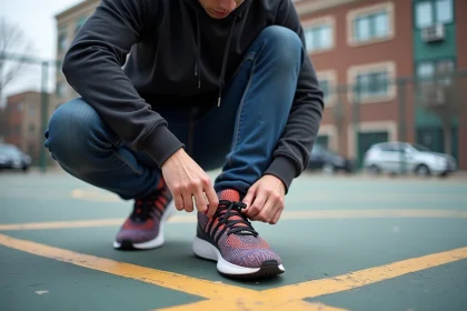 Jeune homme en streetwear nouant ses sneakers color&eacute;es