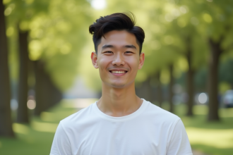 Jeune homme souriant en plein air dans un parc naturel