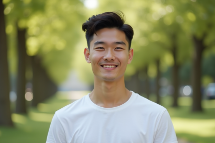 Jeune homme souriant en plein air dans un parc naturel