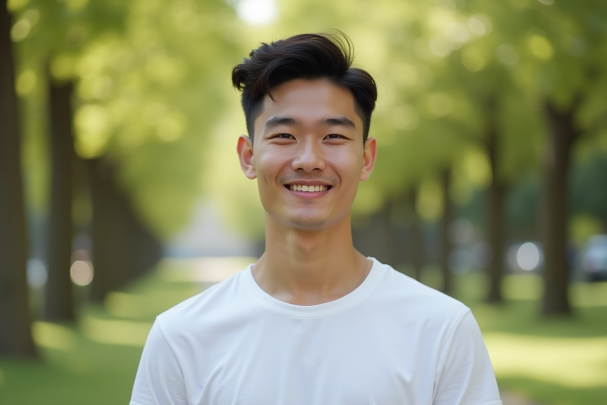 Jeune homme souriant en plein air dans un parc naturel