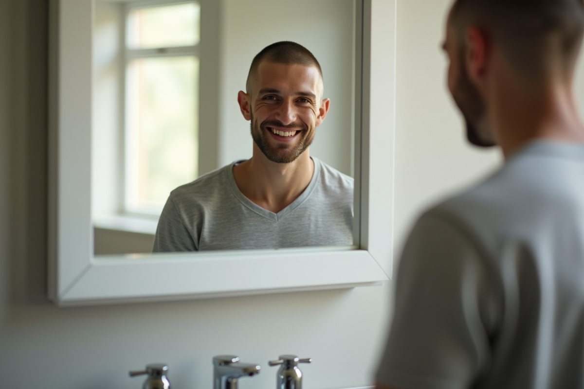 Jeune homme confiant avec tête rasée dans un miroir lumineux