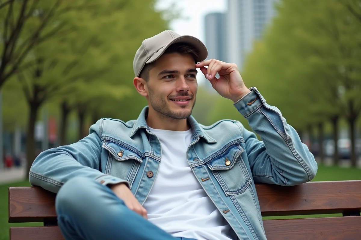 Jeune homme en T-shirt blanc et veste en jean dans un parc urbain