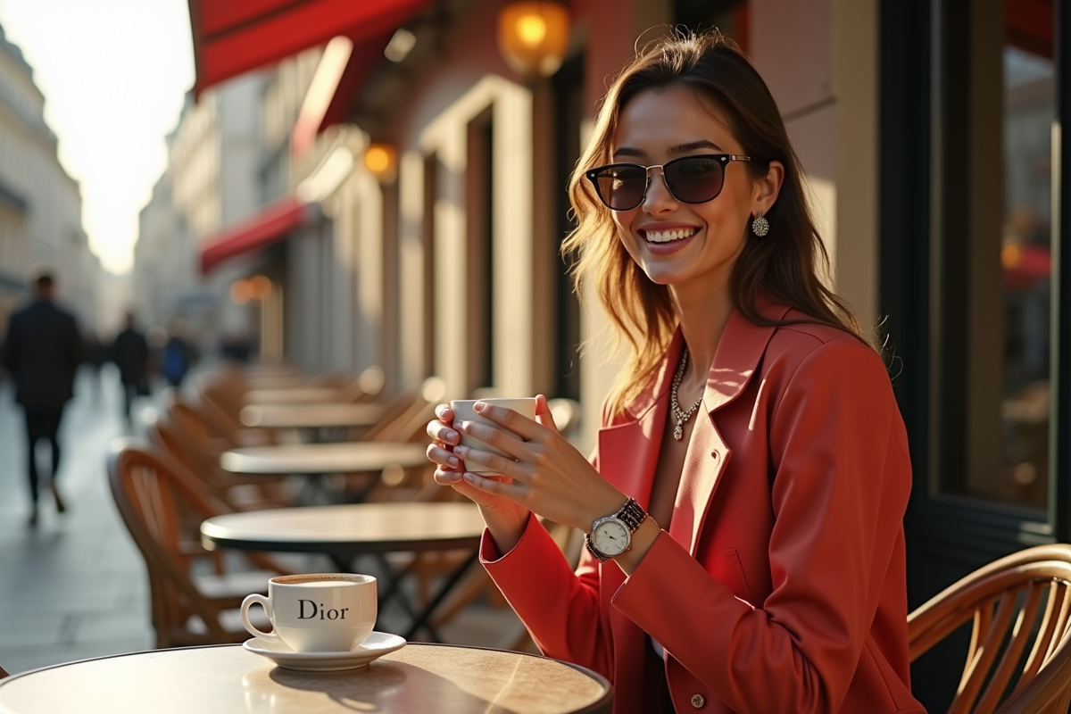 Jeune influenceur posant dans un café parisien en journée ensoleillée
