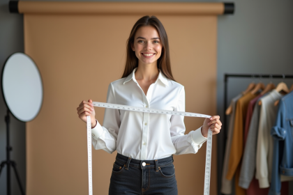Jeune femme modèle en studio avec mètre ruban et sourire naturel
