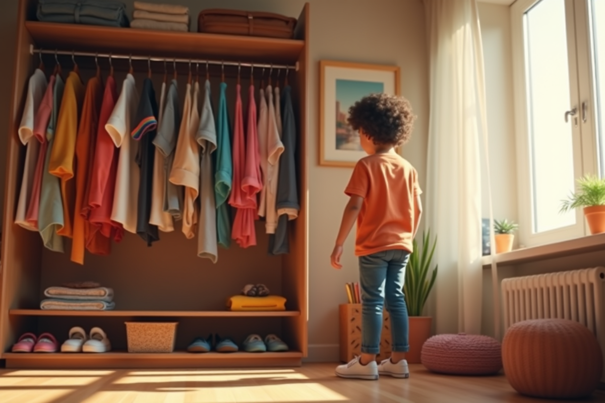Jeune personne devant un vestiaire coloré dans une chambre moderne