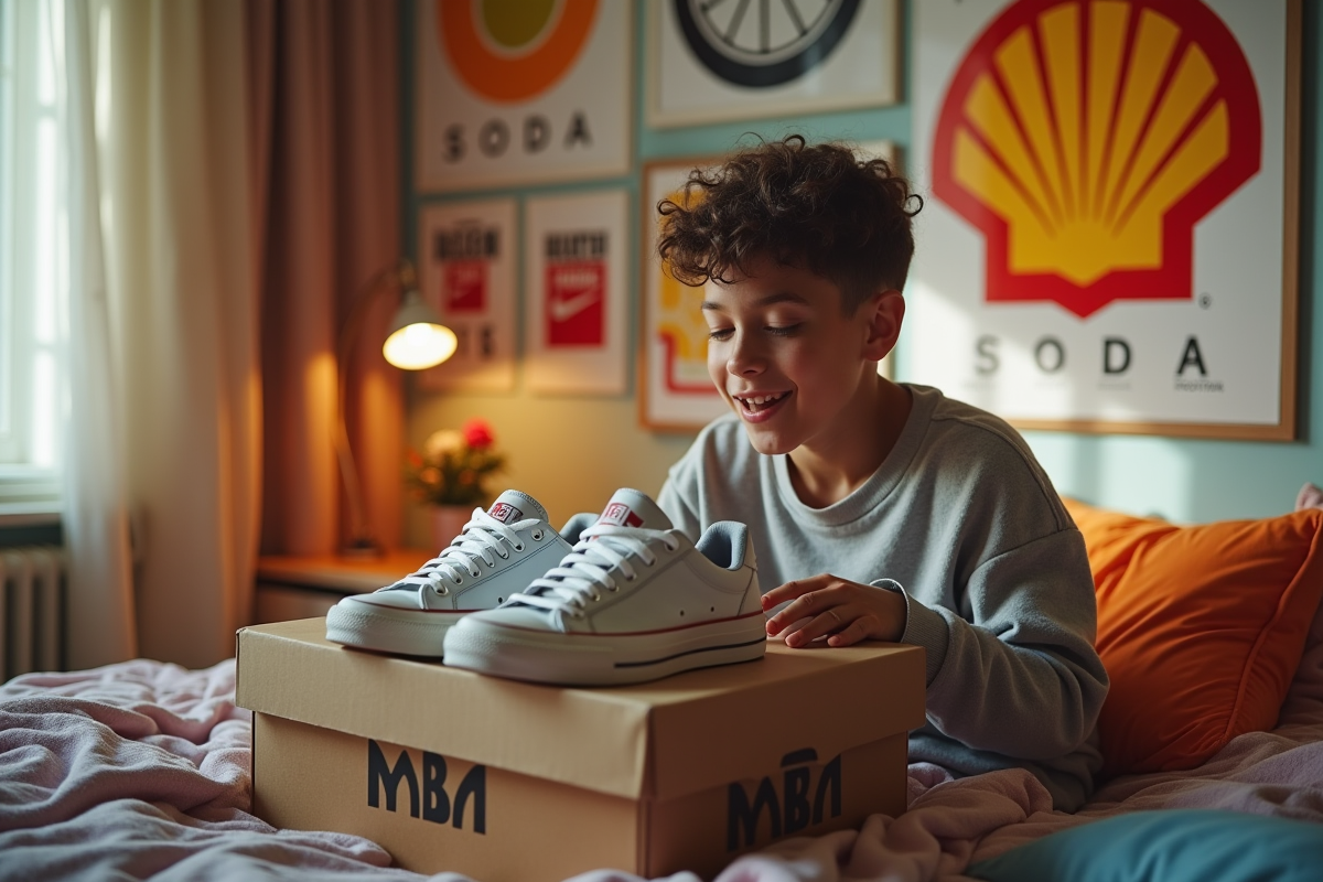 Jeune déballant sneakers dans une chambre colorée
