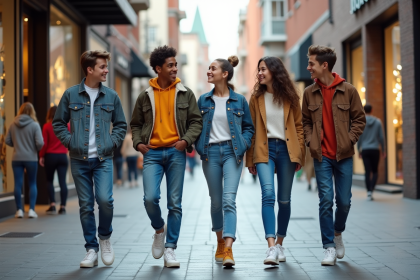 Groupe de jeunes en streetwear dans une rue urbaine animée