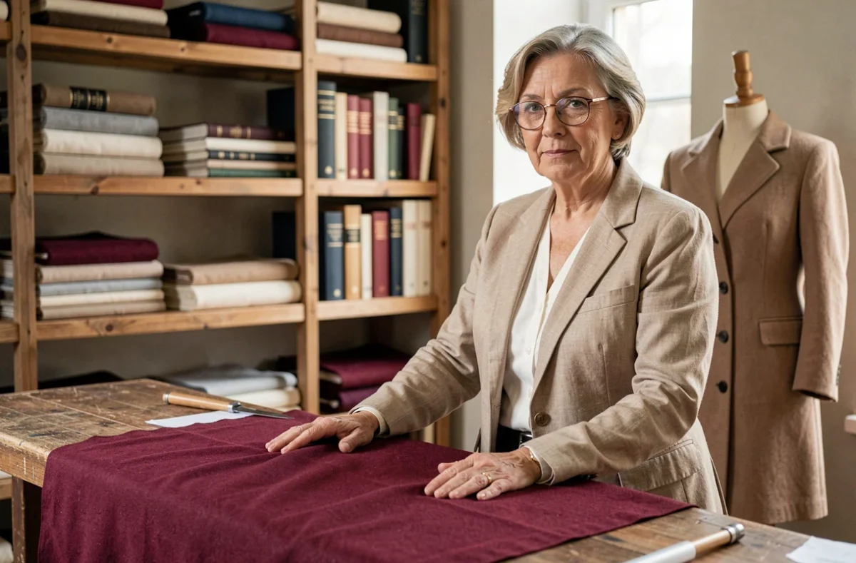 La tailleuse Jocelyne Gibouin en Centre-Val de Loire pose devant une table de coupe drapée d'un tissu bordeaux dans son atelier