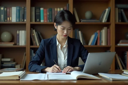 Femme journaliste concentrée à son bureau éditorial entourée de manuscrits et de livres politiques, illustrant le projet éditorial d'un média indépendant