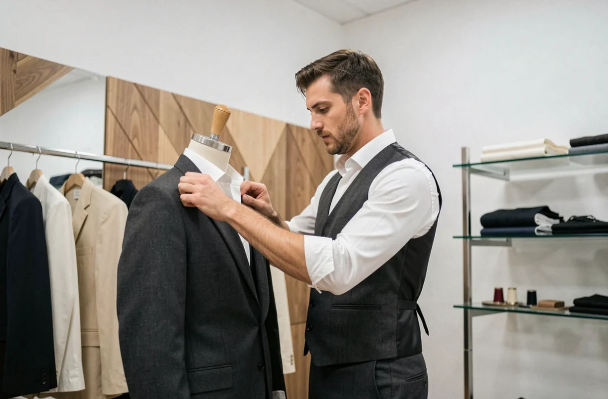 Le tailleur de Karl Math à Tours épingle avec précision un veston sur mesure sur un mannequin de couture