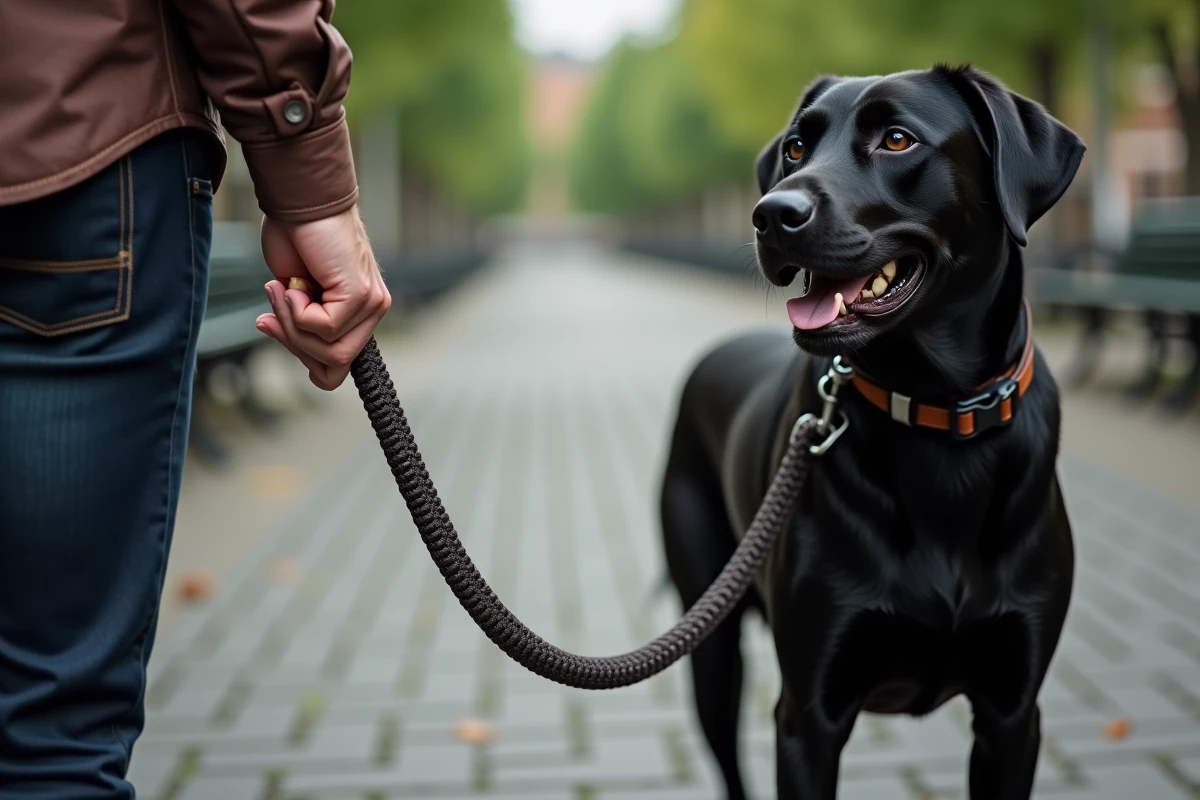 Gros plan sur laisse paracord et main avec collier chien
