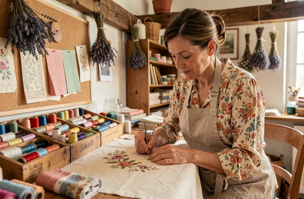 Une artisane des Mille et Un Fil en Centre-Val de Loire brode un motif floral délicat sur un tissu crème dans un atelier chaleureux