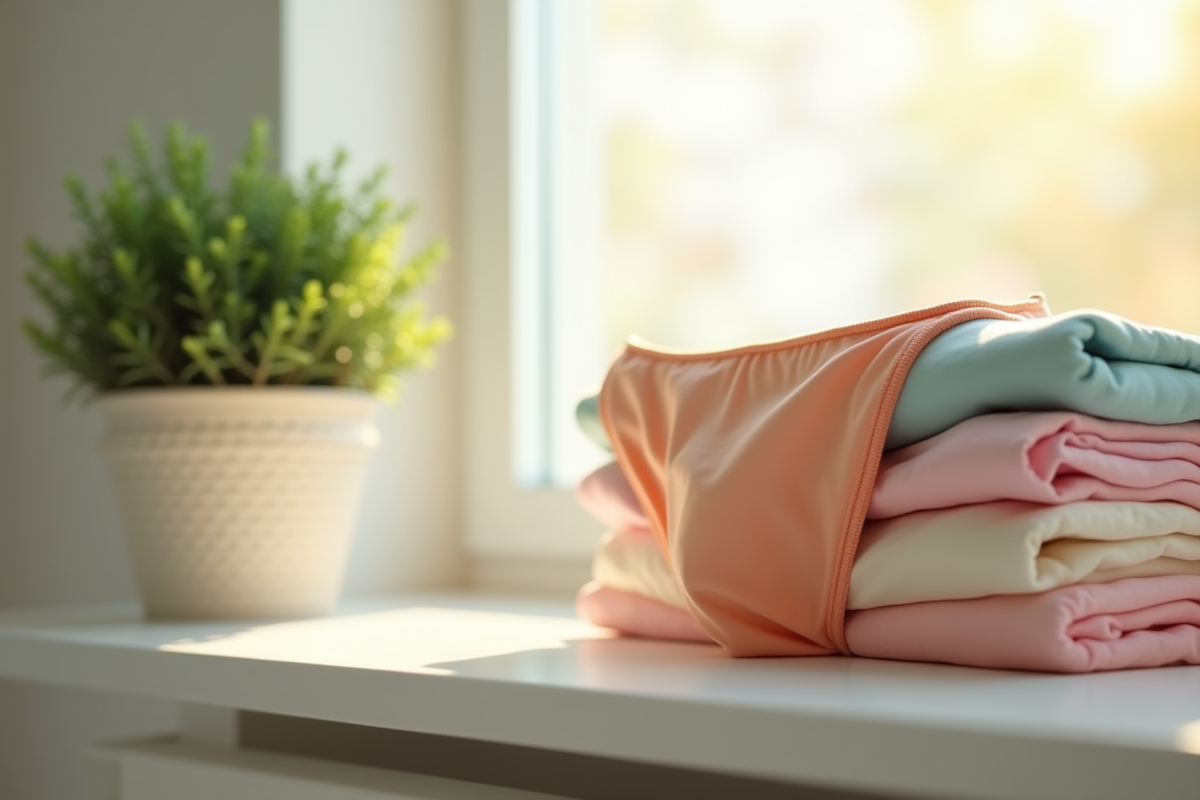 String de lingerie posé sur des vêtements pastel dans la salle de bain