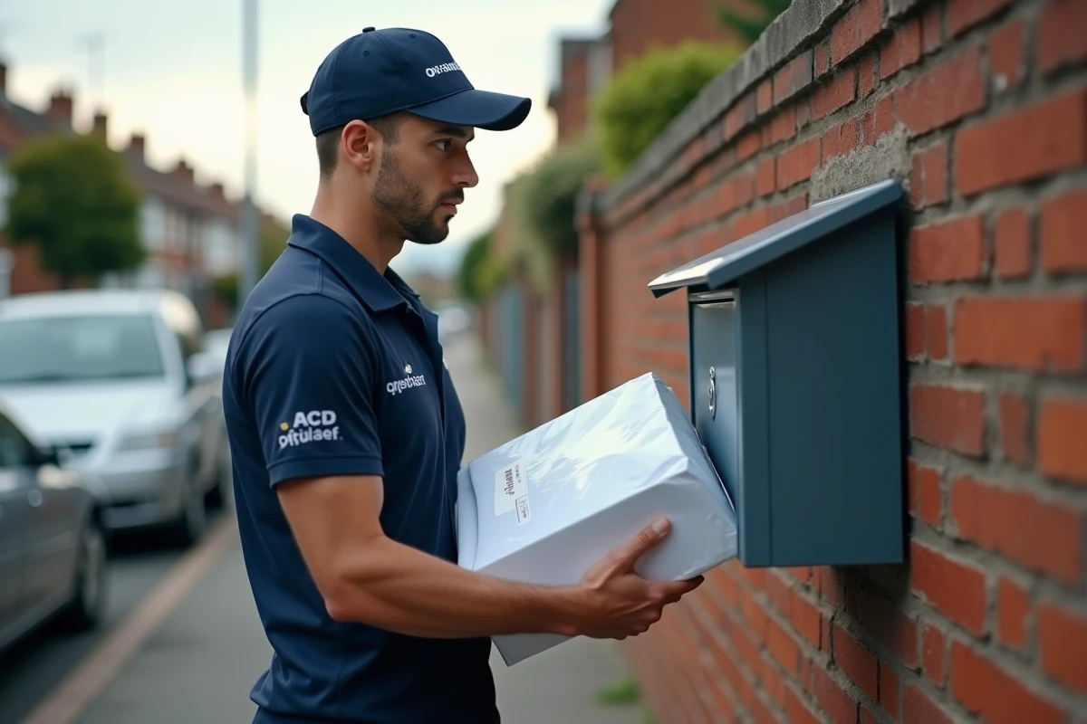 Livreur déposant un colis dans une boîte aux lettres lors d'une livraison SHEIN