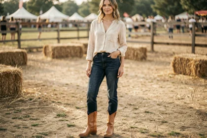 Femme portant des cowboy western boots en cuir tan avec un jean droit et une blouse en lin lors d'un festival estival