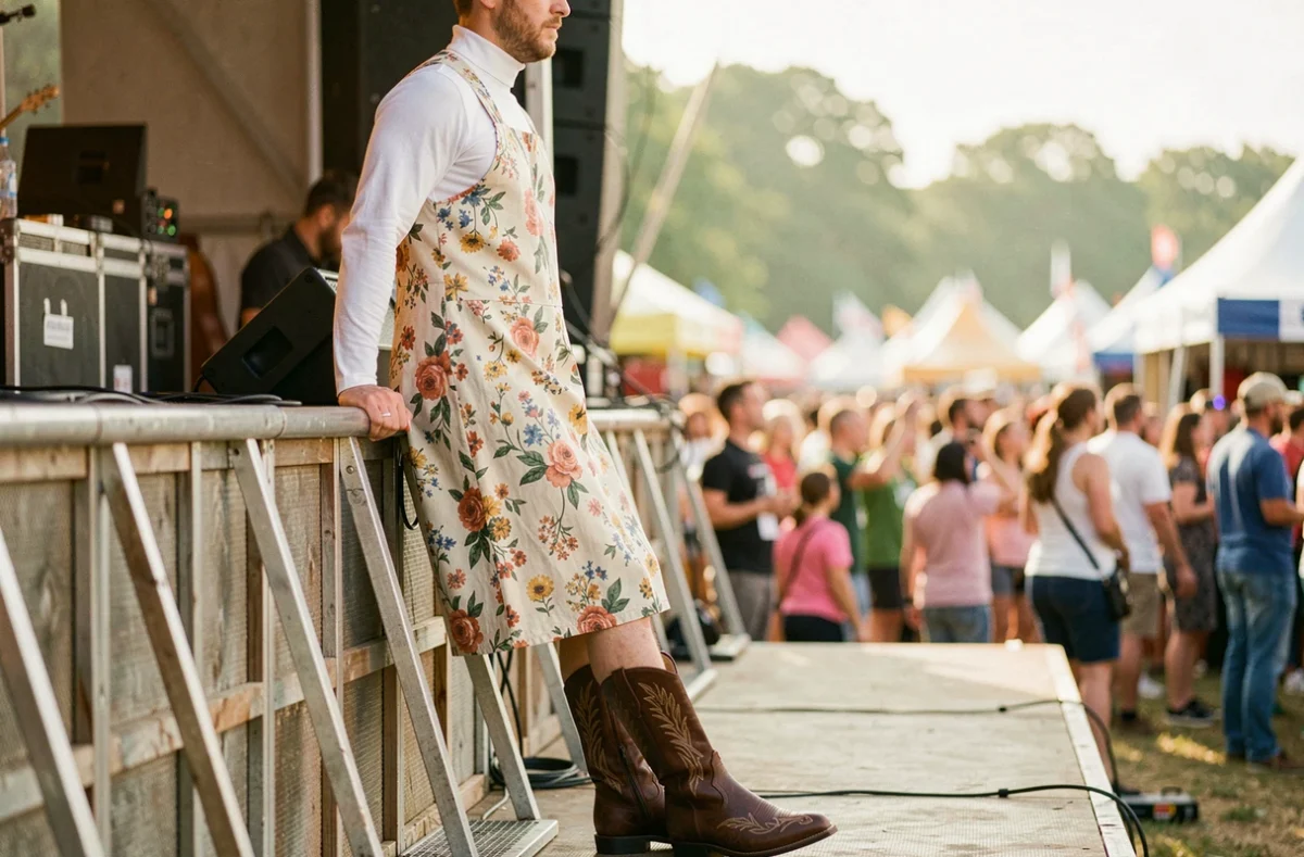 Homme en robe florale mi-longue et cowboy boots marron brodées adopte un style festival équilibré devant une scène en bois