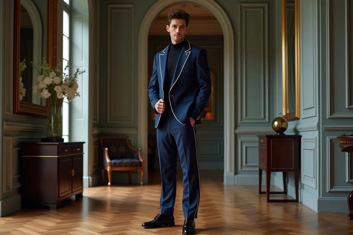 Jeune homme en ensemble tracksuit marine Y2K chic avec souliers vernis dans un appartement parisien haussmannien